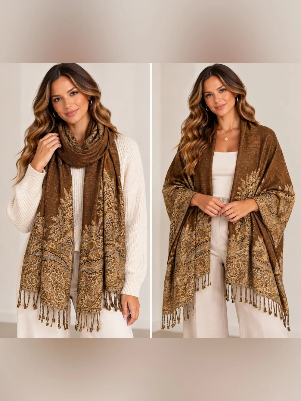 Brown Paisley Jacquard Fringe Scarf